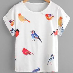 RANDOM BIRDS PRINT CUFFED T-SHIRT